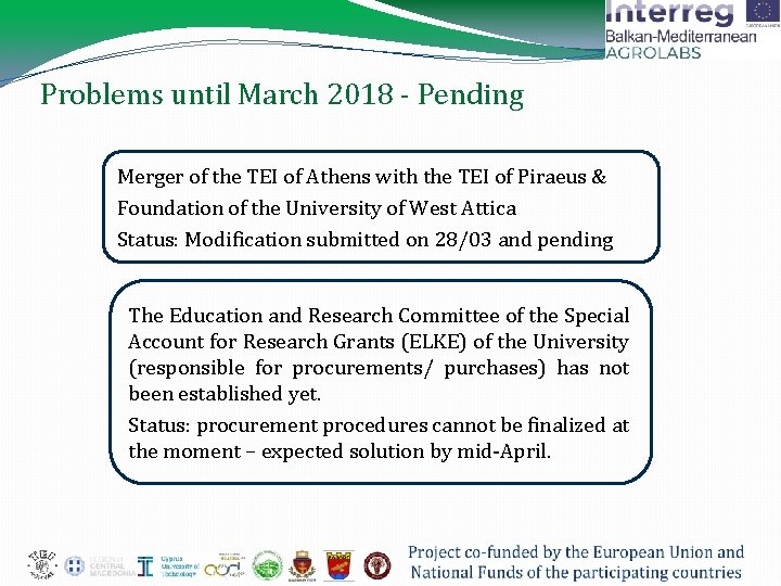 Problems until March 2018 - Pending Merger of the TEI of Athens with the