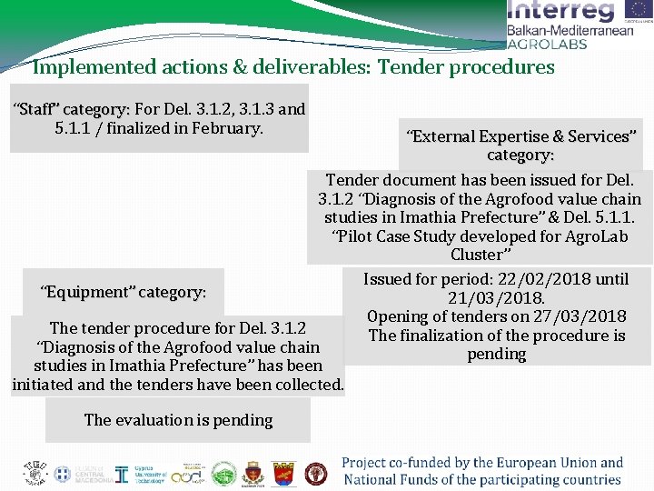 Implemented actions & deliverables: Tender procedures “Staff” category: For Del. 3. 1. 2, 3.