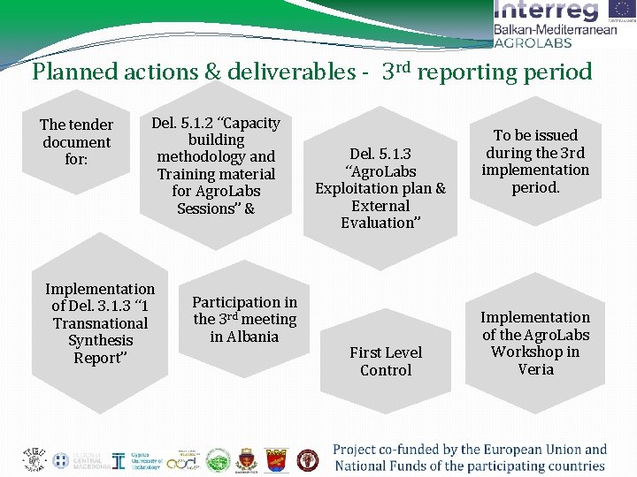 Planned actions & deliverables - 3 rd reporting period The tender document for: Del.