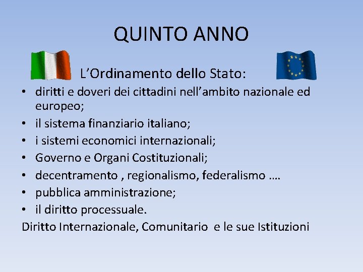 QUINTO ANNO L’Ordinamento dello Stato: • diritti e doveri dei cittadini nell’ambito nazionale ed