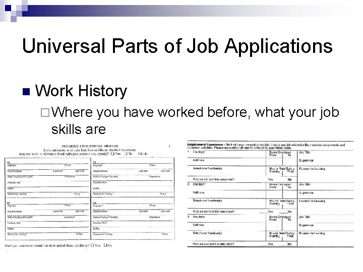 Universal Parts of Job Applications n Work History ¨ Where you have worked before,