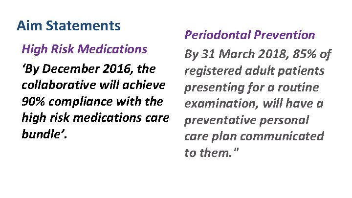 Aim Statements High Risk Medications ‘By December 2016, the collaborative will achieve 90% compliance