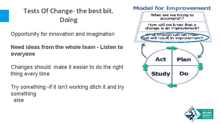 Tests Of Change- the best bit. Doing Opportunity for innovation and imagination Need ideas