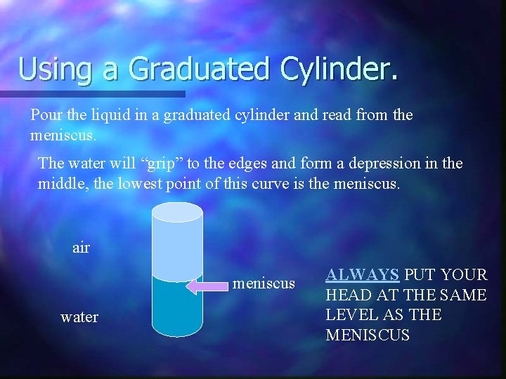 Using a Graduated Cylinder. Pour the liquid in a graduated cylinder and read from