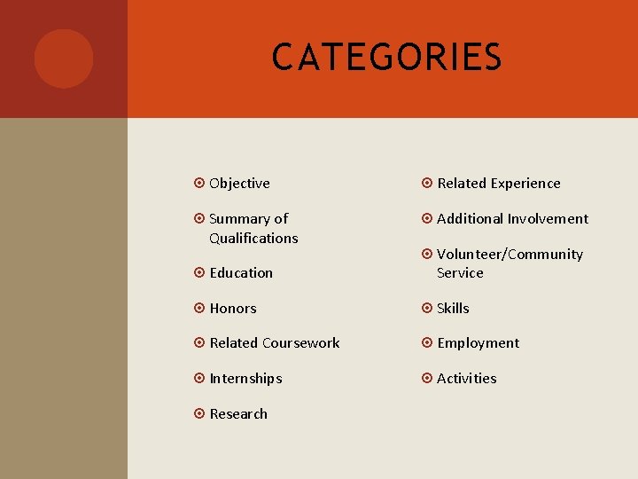 CATEGORIES Objective Related Experience Summary of Qualifications Additional Involvement Volunteer/Community Service Education Honors Skills