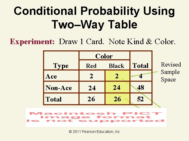 Conditional Probability Using Two–Way Table Experiment: Draw 1 Card. Note Kind & Color Type