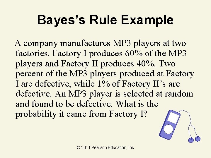 Bayes’s Rule Example A company manufactures MP 3 players at two factories. Factory I