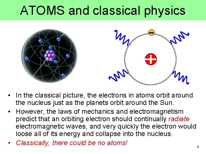 ATOMS and classical physics • In the classical picture, the electrons in atoms orbit