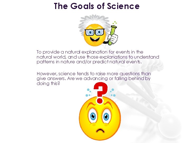 The Goals of Science To provide a natural explanation for events in the natural