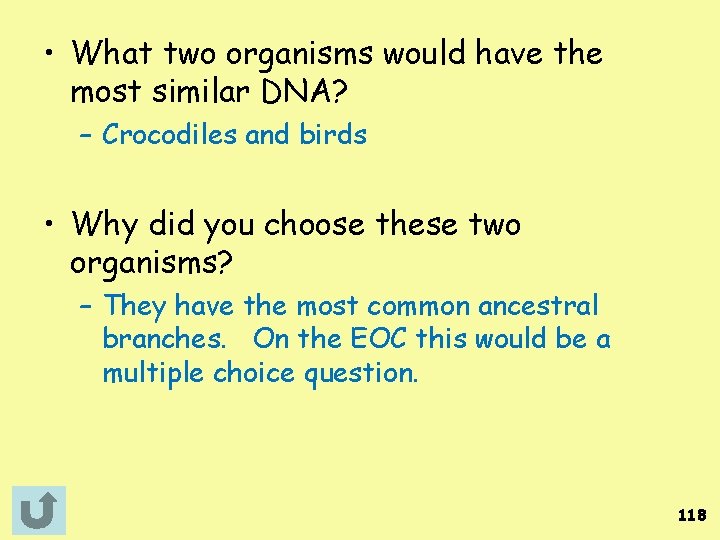  • What two organisms would have the most similar DNA? – Crocodiles and