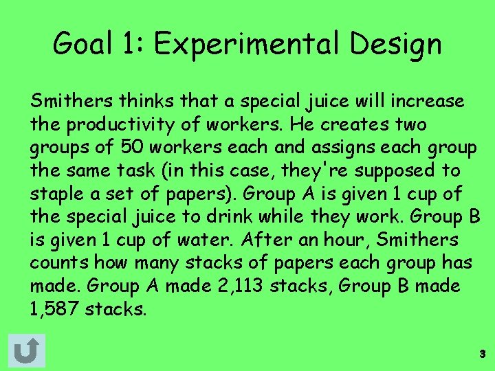 Goal 1: Experimental Design Smithers thinks that a special juice will increase the productivity