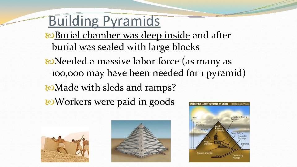 Building Pyramids Burial chamber was deep inside and after burial was sealed with large