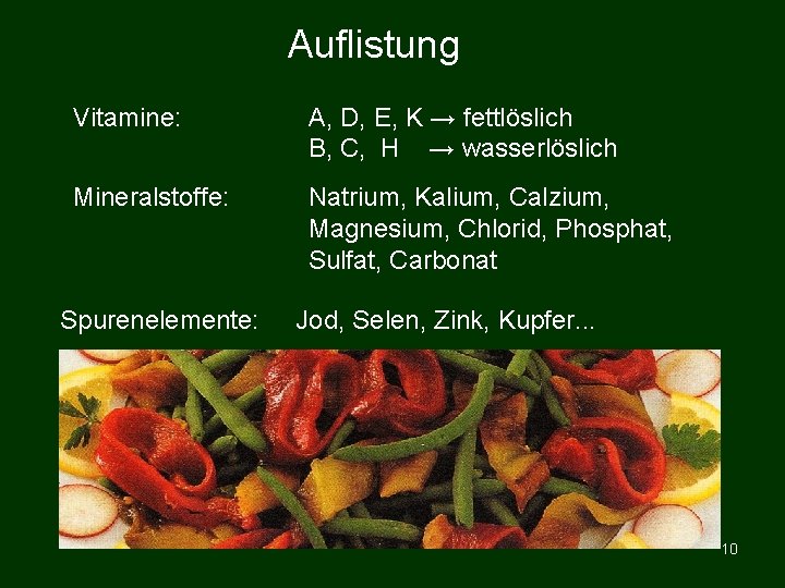 Auflistung Vitamine: A, D, E, K → fettlöslich B, C, H → wasserlöslich Mineralstoffe: