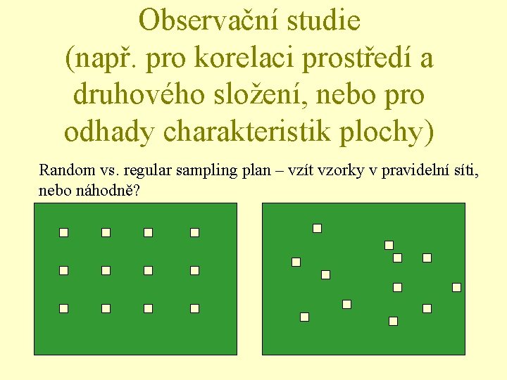 Observační studie (např. pro korelaci prostředí a druhového složení, nebo pro odhady charakteristik plochy)
