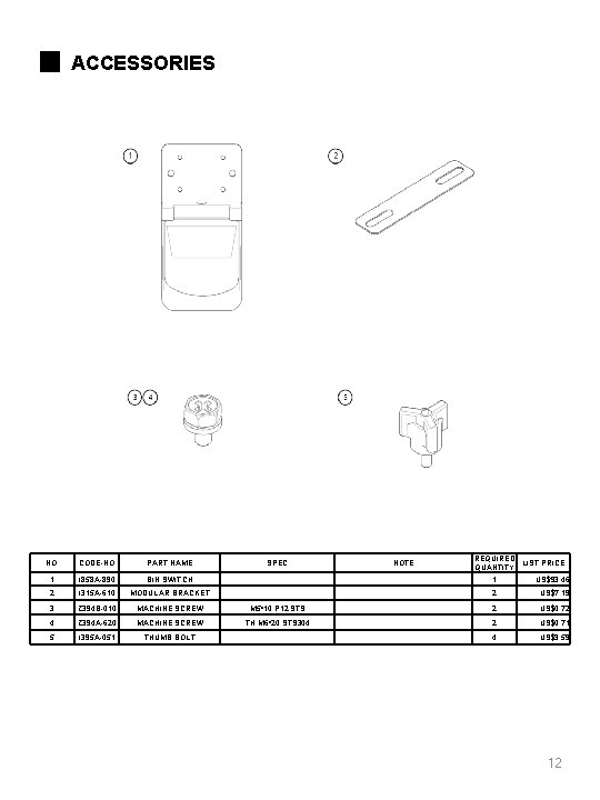 ■ ACCESSORIES SPEC NOTE REQUIRED LIST PRICE QUANTITY 1 US$93. 46 NO. CODE-NO PART