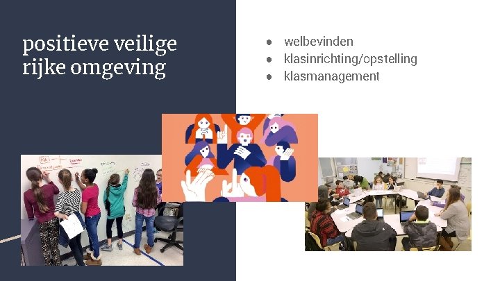 positieve veilige rijke omgeving ● welbevinden ● klasinrichting/opstelling ● klasmanagement 