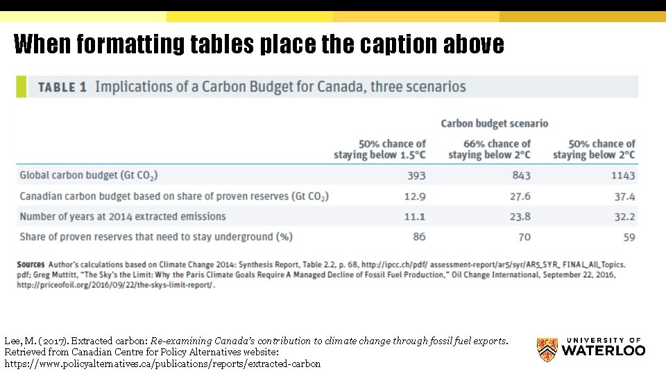 When formatting tables place the caption above Lee, M. (2017). Extracted carbon: Re-examining Canada’s