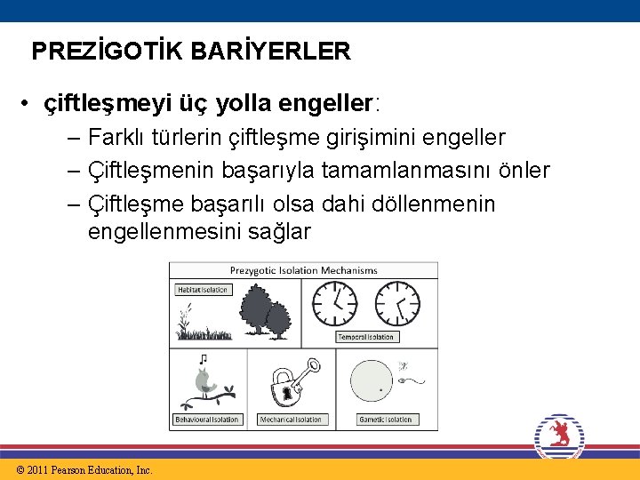 PREZİGOTİK BARİYERLER • çiftleşmeyi üç yolla engeller: – Farklı türlerin çiftleşme girişimini engeller –