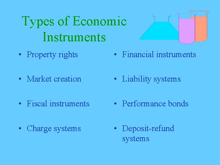 Types of Economic Instruments • Property rights • Financial instruments • Market creation •