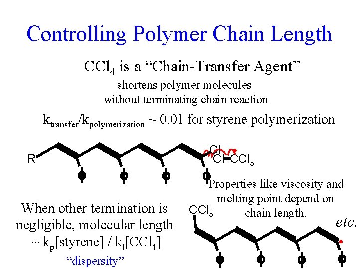 Controlling Polymer Chain Length CCl 4 is a “Chain-Transfer Agent” shortens polymer molecules without