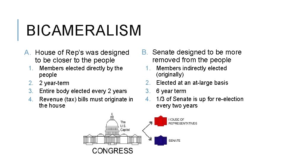 BICAMERALISM A. House of Rep’s was designed to be closer to the people 1.