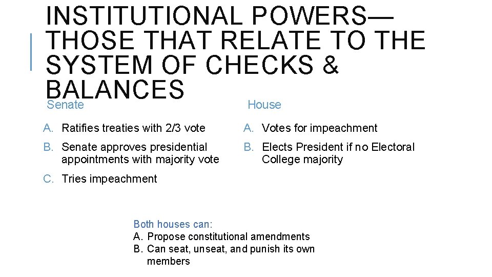 INSTITUTIONAL POWERS— THOSE THAT RELATE TO THE SYSTEM OF CHECKS & BALANCES Senate House