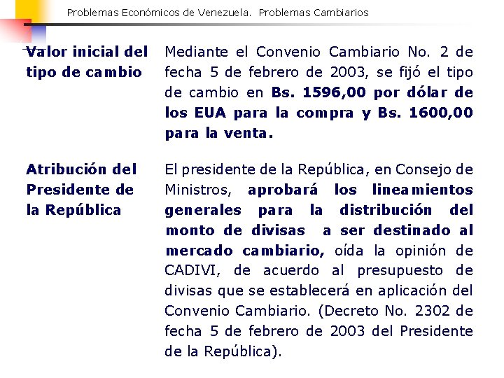 Problemas Económicos de Venezuela. Problemas Cambiarios Valor inicial del tipo de cambio Mediante el