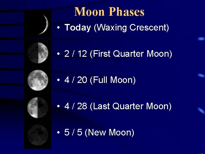 Moon Phases • Today (Waxing Crescent) • 2 / 12 (First Quarter Moon) •