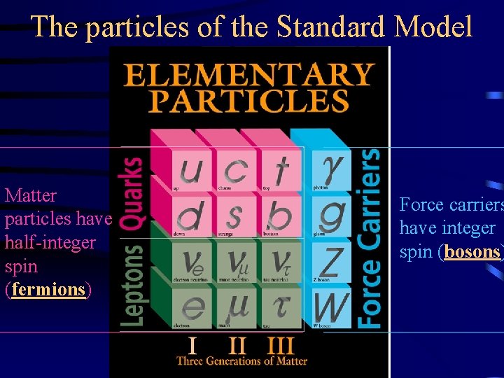 The particles of the Standard Model Matter particles have half-integer spin (fermions) Force carriers