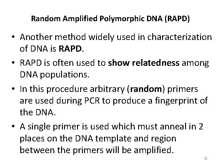 Random Amplified Polymorphic DNA (RAPD) • Another method widely used in characterization of DNA