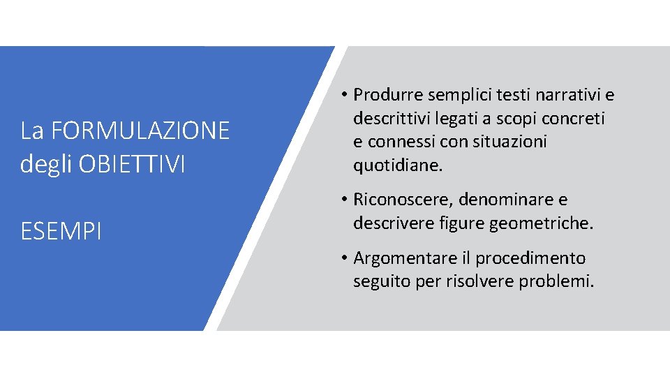 La FORMULAZIONE degli OBIETTIVI ESEMPI • Produrre semplici testi narrativi e descrittivi legati a