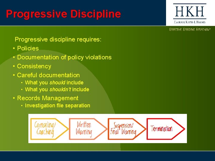 Progressive Discipline Progressive discipline requires: • Policies • Documentation of policy violations • Consistency