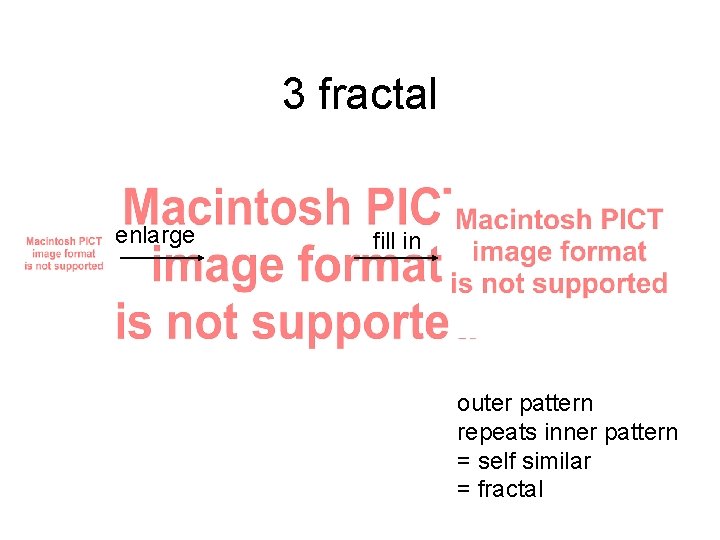 3 fractal enlarge fill in outer pattern repeats inner pattern = self similar =