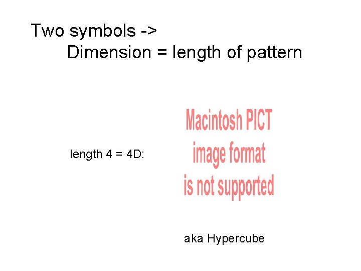 Two symbols -> Dimension = length of pattern length 4 = 4 D: aka