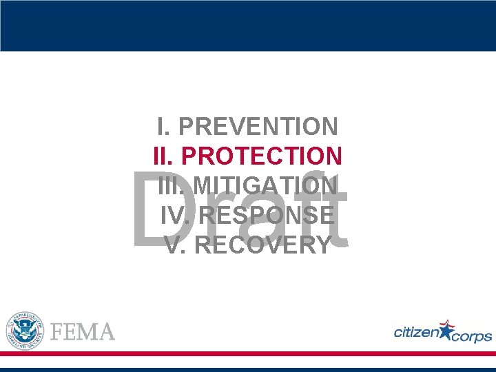 I. PREVENTION II. PROTECTION III. MITIGATION IV. RESPONSE V. RECOVERY Draft 