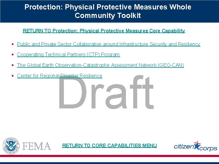 Protection: Physical Protective Measures Whole Community Toolkit RETURN TO Protection: Physical Protective Measures Core