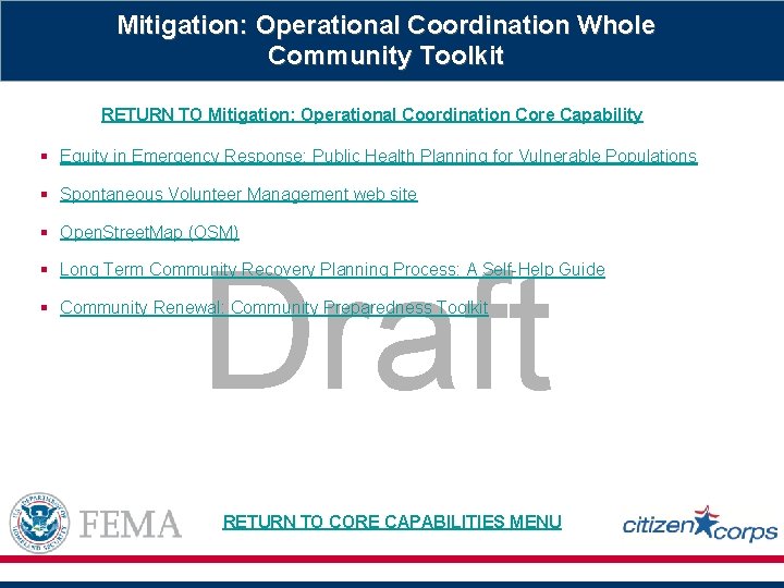 Mitigation: Operational Coordination Whole Community Toolkit RETURN TO Mitigation: Operational Coordination Core Capability §