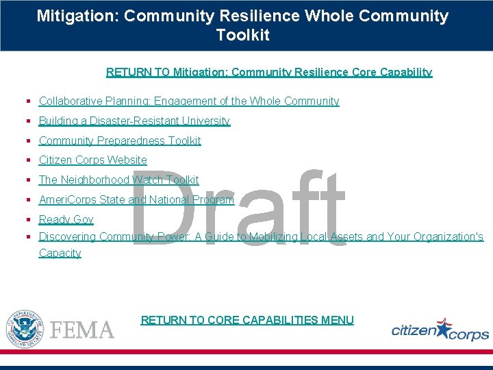 Mitigation: Community Resilience Whole Community Toolkit RETURN TO Mitigation: Community Resilience Core Capability §