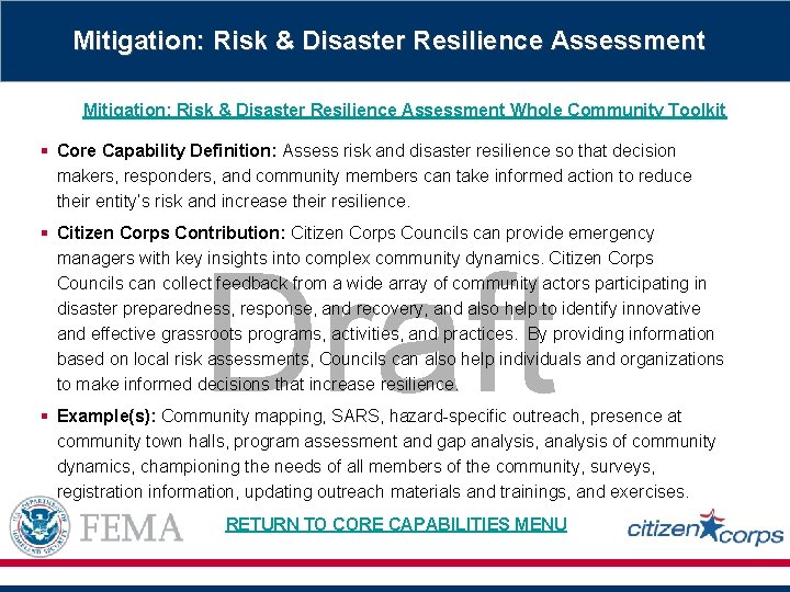 Mitigation: Risk & Disaster Resilience Assessment Whole Community Toolkit § Core Capability Definition: Assess