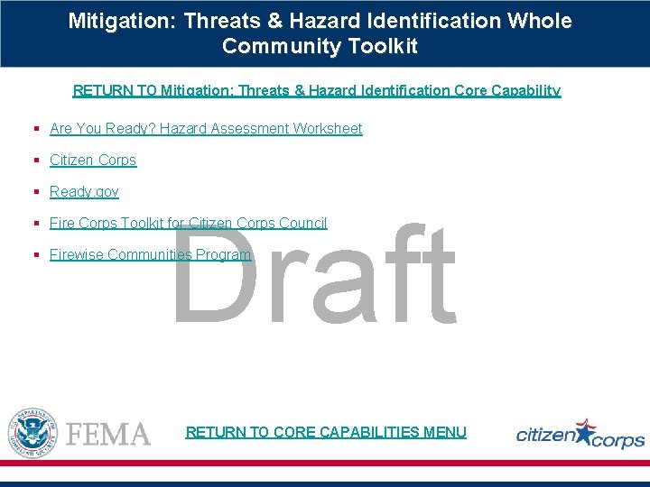 Mitigation: Threats & Hazard Identification Whole Community Toolkit RETURN TO Mitigation: Threats & Hazard