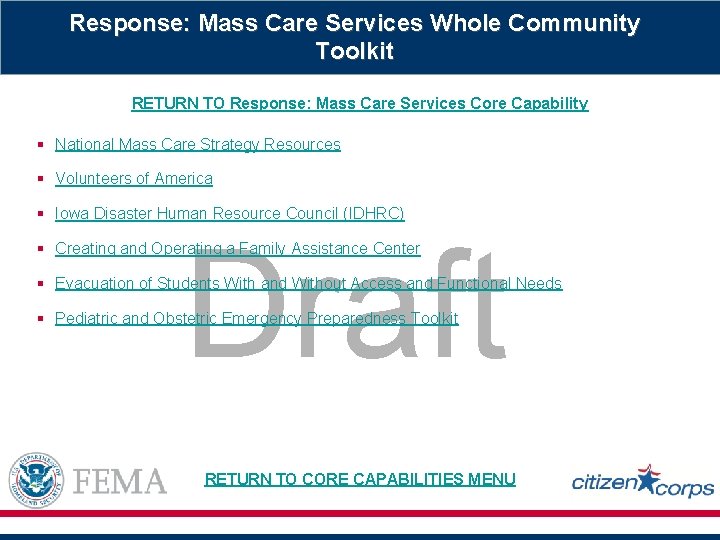 Response: Mass Care Services Whole Community Toolkit RETURN TO Response: Mass Care Services Core