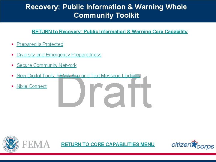 Recovery: Public Information & Warning Whole Community Toolkit RETURN to Recovery: Public Information &