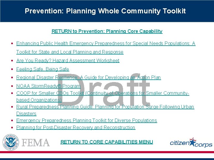 Prevention: Planning Whole Community Toolkit RETURN to Prevention: Planning Core Capability § Enhancing Public