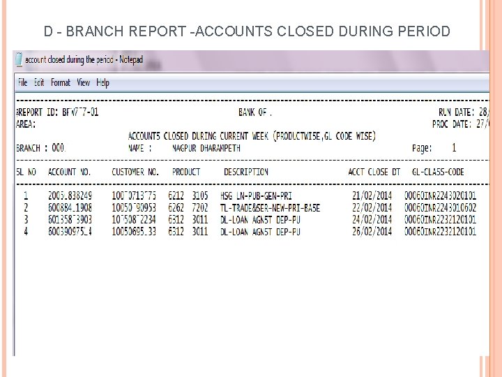 D - BRANCH REPORT -ACCOUNTS CLOSED DURING PERIOD 