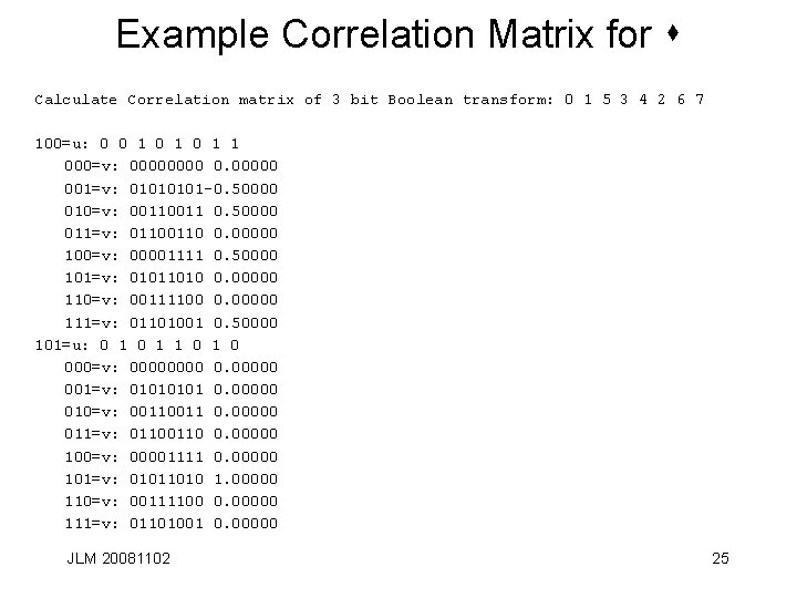Example Correlation Matrix for s Calculate Correlation matrix of 3 bit Boolean transform: 0