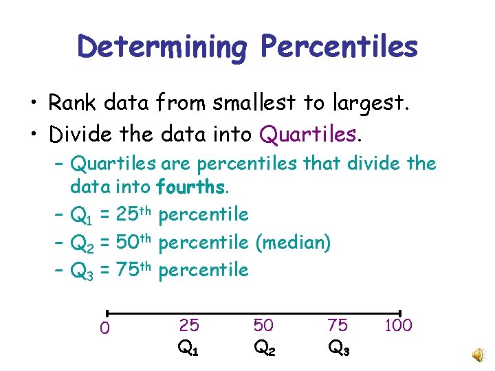 Determining Percentiles • Rank data from smallest to largest. • Divide the data into