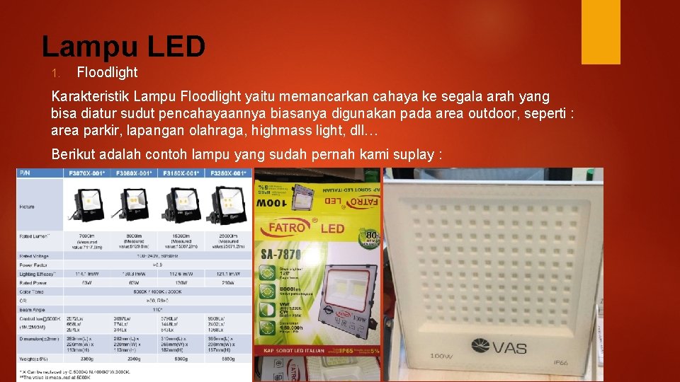 Lampu LED 1. Floodlight Karakteristik Lampu Floodlight yaitu memancarkan cahaya ke segala arah yang