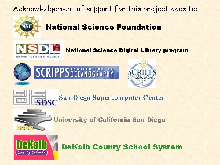 Acknowledgement of support for this project goes to: National Science Foundation National Science Digital