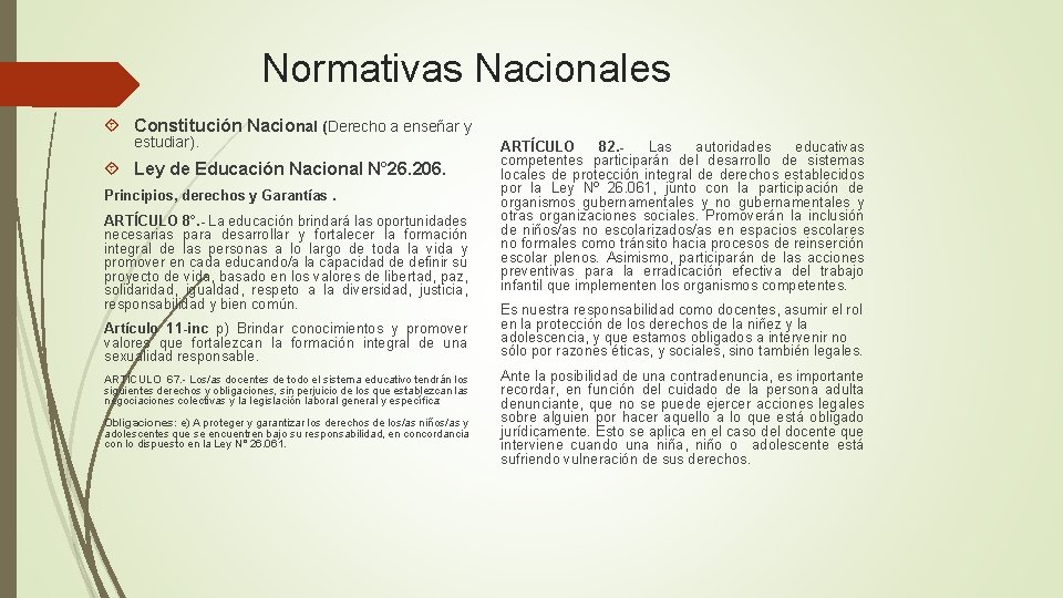 Normativas Nacionales Constitución Nacional (Derecho a enseñar y estudiar). Ley de Educación Nacional N°