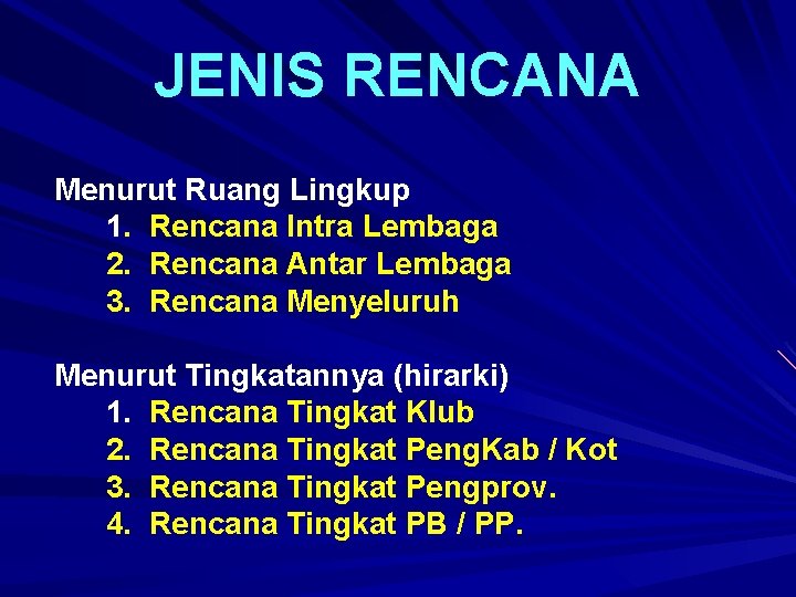 JENIS RENCANA Menurut Ruang Lingkup 1. Rencana Intra Lembaga 2. Rencana Antar Lembaga 3.